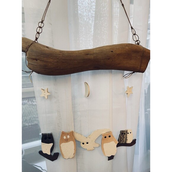Owls Wind Chimes Driftwood Rustic Cabin Decor w/ Painted Ceramic Figs Handmade - Picture 1 of 9